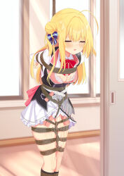 1girl absurdres ahoge arms_behind_back bdsm between_legs between_thighs black_socks black_vest blonde_hair blue_bow blue_bowtie blush bondage bound bound_arms bound_legs bound_torso bow bowtie breasts cleavage clenched_hand closed_eyes clothes_lift commission crotch_rope door doorway drooling embarrassed female_focus frilled_skirt frills hair_between_eyes hair_bow hair_bun hair_ornament hair_ribbon hallway hamidashi_creative hamuta_(machosbrown) highres indoors izumi_hiyori knee_socks kneehighs layered_clothes layered_skirt legs legs_together long_hair medium_breasts nipple_stimulation open_clothes open_mouth open_shirt panties red_bow red_bowtie ribbon saliva saliva_trail school_uniform sex_toy shibari shibari_over_clothes shirt sidelocks single_hair_bun skeb_commission skin_tight skindentation skirt skirt_lift sliding_doors socks solo thighs tongue underwear vest vibrator vibrator_cord vibrator_on_nipple vibrator_under_clothes vibrator_under_panties white_panties white_shirt white_skirt window