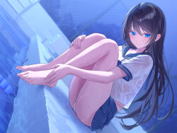 1girl barefoot black_hair blue_eyes blue_sailor_collar blue_skirt blurry blurry_background bra bra_visible_through_clothes chain-link_fence closed_mouth feet fence hair_between_eyes highres jfjf knees_up long_hair looking_at_viewer night original outdoors panties pleated_skirt pool pool_ladder poolside sailor_collar school_uniform shirt short_sleeves sitting skirt smile solo thighs toes tree underwear variant_set wet wet_clothes wet_shirt white_bra white_panties white_shirt