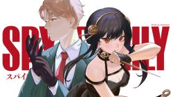 1boy 1girl absurdres bare_shoulders black_dress black_hair blush breasts cleavage dagger dress earrings flower formal_clothes franniexo gloves gold_earrings gold_hairband green_suit hair_ornament hairband highres holding holding_dagger holding_knife holding_weapon husband_and_wife jewelry knife large_breasts long_hair looking_at_viewer red_eyes sidelocks spy_x_family suit twilight_(spy_x_family) two-sided_dress two-sided_fabric weapon yor_briar