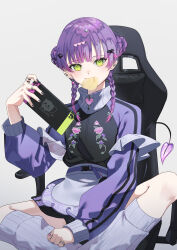 1girl absurdres apron barbell_piercing bibi_(tokoyami_towa) black_nails braid chair chips_(food) commentary demon_tail double_bun ear_piercing earrings eating fingernails floral_print_jacket food food_in_mouth gaming_chair green_eyes grey_background hair_bun highres hololive industrial_piercing jacket jewelry leg_warmers looking_at_viewer maid maid_apron multicolored_hair multiple_rings nail_polish nintendo_switch official_alternate_costume official_alternate_hairstyle piercing potato_chips purple_hair ring shorts shorts_under_skirt simple_background skirt solo striped_clothes striped_skirt swivel_chair tail tokoyami_towa tokoyami_towa_(8th_costume) track_jacket twin_braids yonezaki_yuu