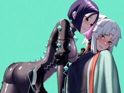 Rule 34 | 2girls, ass, black bodysuit, black eyes, black kimono, blush, bodysuit, breasts, earrings, fate/samurai remnant, fate (series), green eyes, green kimono, grey bodysuit, japanese clothes, jewelry, kimono, long hair, long sleeves, medium breasts, multiple girls, neon trim, parted bangs, ponytail, purple hair, short hair, sidelocks, smile, titiduki (manman-ya), two-tone bodysuit, ushi gozen (fate), ushi gozen (rider) (fate), white hair, yui shousetsu (fate)