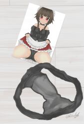 1girl apron black_collar black_dress black_panties blush breasts closed_mouth collar dress eyebrows_hidden_by_hair frilled_apron frills highres kono_subarashii_sekai_ni_shukufuku_wo! looking_at_viewer maid_headdress megumin off-shoulder_dress off_shoulder panties photo_(object) red_eyes shu~~n small_breasts smile solo underwear unworn_panties waitress white_headdress