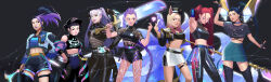absurdres ahri_(league_of_legends) akali black_background black_hair evelynn_(league_of_legends) highres inkarat jacket k/da_(league_of_legends) k/da_ahri k/da_akali k/da_evelynn k/da_kai&#039;sa kai&#039;sa kpop_demon_hunters league_of_legends mira_(kpop_demon_hunters) multiple_tails purple_hair red_hair rumi_(kpop_demon_hunters) shorts sleeveless sussie_(kpop_demon_hunters) tail thunderpowered weapon zoey_(kpop_demon_hunters)