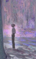 Rule 34 | 1boy, abstract background, absurdres, blurry, brush stroke, depth of field, faux traditional media, from behind, grey hair, highres, hj hikari0606, impressionism, male focus, nagisa kaworu, neon genesis evangelion, pastel colors, solo, tree
