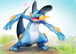 Rule 34 | blue sky, commentary, creature, day, full body, gen 3 pokemon, grass, heart, looking to the side, nintendo, pokemon, pokemon-amie, pokemon (creature), signature, sky, solo, swampert, uraki (tetsu420), yellow eyes
