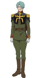 1boy belt boots brown_boots challia_bull epaulettes facial_hair full_body gloves green_hair gundam gundam_gquuuuuux hair_over_one_eye highres male_focus military_uniform mustache official_art parted_hair short_hair simple_background solo standing transparent_background white_gloves zeon