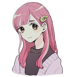 Rule 34 | 1girl, alternate costume, alternate hair length, alternate hairstyle, brown eyes, brown shirt, cardigan, closed mouth, cropped torso, hair ornament, hairclip, highres, lacey (pokemon), looking at viewer, medium hair, nintendo, open cardigan, open clothes, pink hair, pokemon, pokemon sv, shinogo no, shirt, smile, solo, upper body, white background