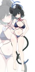 1girl absurdres amebrew animal_ear_fluff bare_legs barefoot bikini black_eyes black_hair blue_archive blue_bikini breasts cat_girl cat_tail cleavage flower highres kikyou_(blue_archive) kikyou_(swimsuit)_(blue_archive) large_breasts multiple_tails navel official_alternate_costume short_hair solo stomach swimsuit tail teeth two_tails white_flower zoom_layer