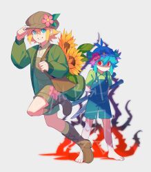 Rule 34 | 2boys, absurdres, adjusting clothes, adjusting headwear, barefoot, basil (faraway) (omori), basil (headspace) (omori), basil (omori), blonde hair, blue eyes, blue overalls, boots, brick st, brown boots, brown hat, brown overalls, collared shirt, dual persona, flower, gardening shears, green shirt, hat, highres, lace-up boots, long sleeves, looking at viewer, male focus, multiple boys, no mouth, official alternate costume, omori, open mouth, overall shorts, overalls, plant, shirt, short hair, short sleeves, simple background, smile, sunflower, thorns, vines, watermark, white background, white shirt
