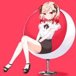 1girl absurdres animal_ears black_bow black_bowtie black_choker black_ribbon black_sandals black_skirt blonde_hair blush bow bowtie breasts buttons choker chukachuka cleavage cleavage_cutout closed_mouth clothing_cutout commentary_request dog_ears dog_girl egg_chair floppy_ears footwear_bow frilled_sleeves frills hair_ribbon high_heel_sandals highres looking_at_viewer medium_hair multicolored_hair nail_polish nanashi_inc. pencil_skirt red_background red_eyes red_nails ribbon sandals seshima_rui shirt short_sleeves simple_background skirt small_breasts smile solo toenail_polish toenails twintails two-tone_hair virtual_youtuber white_shirt