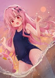 1girl absurdres arms_up artina_fialard_(yozakura_souki) blue_one-piece_swimsuit blush cloud covered_navel gluteal_fold hair_ornament heart heart_hair_ornament highres long_hair old_school_swimsuit one-piece_swimsuit open_mouth original outdoors pink_hair red_eyes revision school_swimsuit sky swimsuit thighs wading water wet wet_clothes wet_swimsuit x_x yozakura_souki