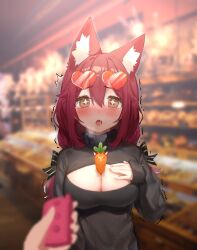 1girl :o animal_ear_fluff animal_ears between_breasts blurry blurry_foreground blush breasts cleavage depth_of_field eyewear_on_head fox_ears heart highres large_breasts looking_at_viewer miyayoki open_mouth original pov pov_hands red_hair remote_control_vibrator saliva sex_toy solo_focus sweat trembling vibrator yellow_eyes