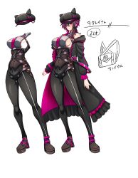 1girl black_coat breasts coat corset frills full_body hat highres large_breasts multicolored_hair necktie off_shoulder omurice_(green_solenoid) original purple_eyes purple_hair purple_necktie sideboob solo standing streaked_hair two-tone_hair