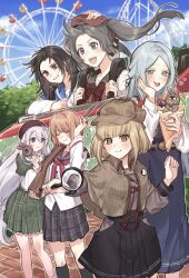 6+girls :d amusement_park aoba_chika beret black_hair black_skirt blonde_hair blue_eyes blue_hair brown_capelet brown_eyes brown_hair capelet closed_mouth commentary_request crepe deerstalker detective eating ferris_wheel floating_hair food grey_hair hair_between_eyes hand_on_own_cheek hand_on_own_face hat highres hiroe_chiharu holding holding_crepe holding_food holding_magnifying_glass kirimine_middle_school_uniform long_hair long_sleeves magia_record:_mahou_shoujo_madoka_magica_gaiden magnifying_glass mahou_shoujo_madoka_magica matsumiya_municipal_first_middle_school_uniform minaminagi_liberty_academy_school_uniform miura_asahi multiple_girls natsu_ryoko open_mouth orange_hair outdoors plaid_capelet plaid_clothes plaid_skirt pleated_skirt purple_eyes red_hat revision riding roller_coaster school_uniform shirt short_hair sidelocks skirt smile st._liliana&#039;s_academy_school_uniform standing stuffed_animal stuffed_rabbit stuffed_toy swept_bangs toki_sunao tokime_shizuka twintails white_hair white_shirt yukishiro_(hitsuji) yukuni_academy_school_uniform