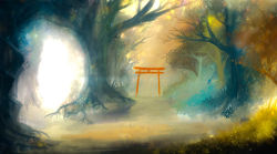 Rule 34 | akyuun, bush, commentary, fantasy, forest, forest of magic, highres, light particles, nature, no humans, outdoors, plant, scenery, torii, touhou, tree