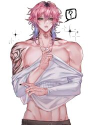 14_days_with_you 1boy aqua_eyes arm_tattoo black_nails blue_hair earrings english_text face_piercing hair_ornament hairclip heart highres ivutyozo jewelry lip_piercing looking_at_viewer male_focus medium_hair multicolored_hair muscular muscular_male neck_tattoo nipple_piercing nipples piercing pink_hair ren_(14dwy) simple_background snakebite_(piercing) solo speech_bubble sweater tattoo teeth tribal_tattoo two-tone_hair undressing upper_body white_background white_sweater