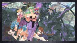 animal_ears bengus beret blonde_hair blue_hair braid capcom cat_ears chibi chun-li claws darkstalkers felicia_(darkstalkers) fighting_stance green_hair greyscale guile hat hibiki_dan highres hsien-ko jiangshi kasugano_sakura kicking monochrome morrigan_aensland pointing running ryu_(street_fighter) standing street_fighter tao_(warzard) tearing_up twin_braids warzard