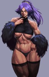 1girl abs absurdres black_panties black_thighhighs bleach blush breasts dark-skinned_female dark_skin fur_shawl hair_tie highres large_breasts lips long_hair muscular muscular_female naughty_face panties ponytail purple_hair shawl shihouin_yoruichi shiny_skin thick_thighs thighhighs thighs underboob underwear virgoart yellow_eyes