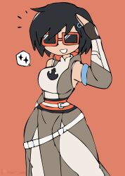 1girl belt black_gloves black_hair black_skirt black_vest bodysuit bracer breasts crossover epic_games evie_(fortnite) fingerless_gloves fortnite gloves grin hair_ornament hairclip large_breasts looking_at_viewer may_the_4th orange_background print_bodysuit rebel_alliance_(star_wars) red_lips salute short_hair side_slit sketch skirt smile speech_bubble spoken_sparkle standing star_wars sunglasses teeth thick_thighs thigh_strap thighs tony_welt vest white_belt white_bodysuit wide_hips