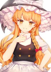 Rule 34 | 1girl, absurdres, apron, black hat, blonde hair, bow, braid, buttons, commentary, double-breasted, frilled apron, frilled hat, frills, hair bow, hand on own hip, hat, hat bow, highres, kirisame marisa, long hair, puffy short sleeves, puffy sleeves, red bow, short sleeves, side braid, simple background, smile, solo, tactoki, touhou, white apron, white background, white bow, witch hat