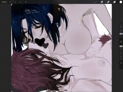 Rule 34 | 2girls, 4p5h, arcane: league of legends, art program in frame, blue hair, breasts, caitlyn (league of legends), censored, censored kiss, closed eyes, commentary, completely nude, english commentary, female pubic hair, fingering, heart, heart censor, highres, large breasts, league of legends, multiple girls, nipples, nude, pubic hair, pussy juice, red hair, red pubic hair, sweat, vi (league of legends), yuri