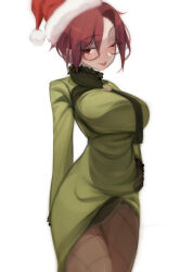 1girl absurdres aozaki_touko black_gloves blush breasts brown_pantyhose deko_morii dress fishnet_pantyhose fishnets fur-trimmed_headwear fur_trim glasses gloves green_dress green_scarf hat highres large_breasts long_sleeves looking_at_viewer mahou_tsukai_no_yoru one_eye_closed pantyhose parted_bangs red_eyes red_hair red_hat santa_hat scarf short_hair smile solo thighs tongue tongue_out