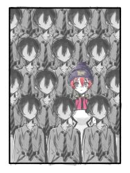 6+girls amate_yuzuriha aqua_eyes beanie border collared_shirt gundam gundam_gquuuuuux hat highres kumo_(sharonyann86798) mecha_pilot_suit multiple_girls necktie no_eyes partially_colored pom_pom_(clothes) pom_pom_beanie red_hair school_uniform shirt short_hair white_border