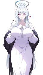 1girl absurdres black_shawl blue_archive blunt_bangs blush breasts closed_mouth commentary_request feet_out_of_frame frilled_pajamas frills grabbing_own_breast hair_intakes halo heart highres long_hair looking_at_viewer mechanical_halo noa_(blue_archive) noa_(pajamas)_(blue_archive) official_alternate_costume official_alternate_hairstyle pajamas purple_eyes reia_76 shawl simple_background smile solo standing very_long_hair white_background white_hair white_halo white_pajamas