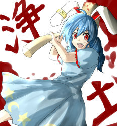 1girl :d animal_ears ao-shiba blood blood_stain blue_hair crazy_eyes crazy_smile female_focus kine mallet open_mouth rabbit_ears red_eyes seiran_(touhou) smile solo teeth touhou