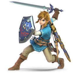1boy 3d absurdres blonde_hair blue_eyes corrupted_metadata earrings full_body gloves highres holding holding_sword holding_weapon huge_filesize hylian_shield jewelry link male_focus master_sword nintendo official_art pointy_ears shield solo super_smash_bros. sword the_legend_of_zelda the_legend_of_zelda:_breath_of_the_wild transparent_background triforce tunic weapon