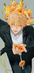 1boy absurdres black_pants black_suit blonde_hair commentary_request fangs flower formal_clothes grey_background highres holding holding_flower looking_at_viewer male_focus ooba_itori open_mouth orange_eyes orange_flower original pants shirt solo suit teeth white_shirt yellow_flower