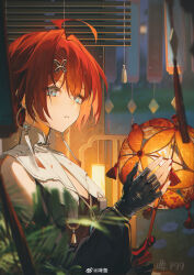 1girl absurdres ahoge blue_eyes blurry blurry_foreground breasts cleavage clothing_cutout collar commentary_request danjin_(wuthering_waves) earrings fingerless_gloves folded_braid gloves hair_intakes hair_ornament highres holding holding_lantern jewelry lantern looking_at_viewer ofuda_earrings p99_(1shtar) partially_fingerless_gloves plant red_hair shoulder_cutout single_fingerless_glove solo upper_body watermark weibo_watermark white_collar window window_blinds wuthering_waves