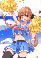 1girl alternate_breast_size alternate_costume arm_up armpits bare_shoulders belt black_belt black_bow black_thighhighs blue_shirt blue_skirt blush bow breasts brown_eyes brown_hair cheering cheerleader crop_top hair_between_eyes hair_bow hair_ornament hairclip highres holding holding_pom_poms kantai_collection komb large_breasts long_hair looking_at_viewer low_twintails miniskirt navel open_mouth pleated_skirt pom_pom_(cheerleading) pom_poms russian_flag shirt skirt sleeveless sleeveless_shirt smile star_(symbol) tashkent_(kancolle) thighhighs twintails