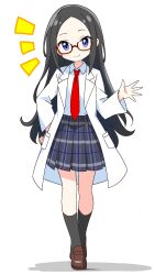 1girl absurdres black_hair black_socks blue_skirt blush brown_shoes closed_mouth collared_shirt commentary_request dot_nose full_body glasses hand_on_own_hip hand_up highres kotatsu-mazoku lab_coat loafers long_hair long_sleeves looking_at_viewer necktie notice_lines original plaid_clothes plaid_skirt pleated_skirt purple_eyes red-framed_eyewear red_necktie school_uniform shirt shoes simple_background skirt smile socks solo standing white_background white_shirt