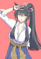1girl absurdres animal_ears bandaid bandaid_on_face bandaid_on_nose black_hair blue_skirt bracelet breasts cleavage clothes_around_waist commentary_request green_eyes gyaru highres horse_ears horse_girl jewelry large_breasts long_hair looking_at_viewer nail_polish narita_brian_(umamusume) pink_background ponytail sakamoto_shindobaddo school_uniform shirt skirt solo sweater sweater_around_waist umamusume v white_shirt