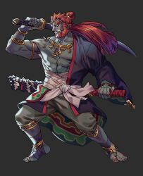 Rule 34 | 1boy, beard, bracer, dark-skinned male, dark skin, earrings, facial hair, full body, ganondorf, gerudo, gold necklace, grey background, grey pants, grin, hair bun, holding, holding sword, holding weapon, jewelry, low ponytail, male focus, muscular, muscular male, necklace, nintendo, pants, pectorals, ponytail, red hair, sheath, smile, solo, solthrys, sword, teeth, the legend of zelda, the legend of zelda: tears of the kingdom, weapon
