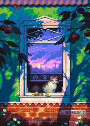 Rule 34 | apple tree, atmospheric perspective, branch, brick wall, cat, contra bonos, flower, forced perspective, highres, hue shifting, leaf, lily (flower), original, outdoors, pixel art, scenery, silhouette, tree, window, windowsill