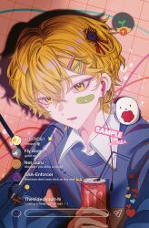 1boy bandaid blonde_hair blue_sweater close-up collared_shirt earbuds earphones hair_ornament hairclip highres komori48515077 limbus_company livestream long_sleeves male_focus microphone monster_energy open_mouth project_moon punishing_bird shirt short_hair sinclair_(project_moon) sweater white_shirt yellow_eyes