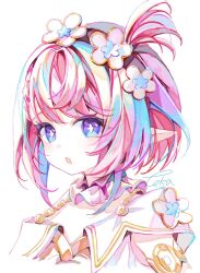 1girl armlet blue_eyes blue_hair braid choker collared_dress commentary dress flower flower-shaped_pupils frilled_choker frills hair_flower hair_ornament honkai:_star_rail honkai_(series) jewelry looking_at_viewer multicolored_eyes multicolored_hair one_side_up open_mouth pink_choker pink_hair pointy_ears purple_eyes simple_background sleeveless sleeveless_dress solo symbol-shaped_pupils touka_(pixiv71609120) tribbie_(honkai:_star_rail) twitter_username two-tone_hair upper_body white_background white_dress white_flower