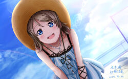 1girl bare_shoulders blue_eyes breasts brown_hair casual cloud hat jewelry light looking_at_viewer love_live! love_live!_sunshine!! necklace open_mouth short_hair simple_background sky solo sun_hat watanabe_you xiaoxin041590