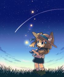Rule 34 | 1girl, animal ear fluff, animal ears, black ribbon, blue eyes, blue neckerchief, blue ribbon, blue sailor collar, blue skirt, blush stickers, brown hair, brown hat, brown shoes, commentary, dog ears, dog girl, full body, grass, hair ribbon, hat, hat ribbon, highres, long hair, low-tied long hair, mamehinata, neckerchief, notamaru 2, open mouth, outdoors, ribbed socks, ribbon, sailor collar, school uniform, serafuku, shirt, shoes, shooting star, short sleeves, skirt, sky, socks, solo, standing, star (sky), star (symbol), starry sky, vrchat, white shirt, white socks