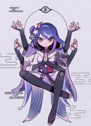1girl armor asymmetrical_sleeves black_thighhighs blunt_bangs bodhisattva braid bridal_gauntlets buddha closed_mouth clothing_cutout commentary_request expressionless extra_arms fan_hair_ornament floating flower flower_ornament genshin_impact hair_flower hair_ornament highres huwahuwaom japanese_clothes kimono long_braid long_hair meditation mole mole_under_eye multicolored_hair neck_ribbon off_shoulder own_hands_together purple_eyes purple_flower purple_hair purple_kimono raiden_shogun red_ribbon red_sash ribbon sash shoulder_armor shoulder_cutout single_braid solo streaked_hair thighhighs uneven_sleeves wide_sleeves