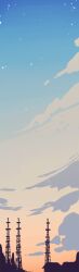 Rule 34 | blue sky, building, cloud, cloudy sky, color contrast, commentary, english commentary, evening, gradient sky, house, limited palette, mellific, no humans, orange sky, original, outdoors, radio tower, silhouette, sky, star (sky), starry sky, sunset, tree, twilight