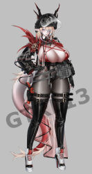1girl absurdres ammunition_pouch black_pantyhose black_thighhighs blonde_hair blue_eyes blue_hair blunt_bangs breast_cutout breasts corset cross-laced_clothes cross-laced_corset dragon_girl dragon_horns dragon_tail face_shield full_body gradient_hair grey_background gun handgun highres holster holstered horns huge_breasts long_pointy_ears looking_at_viewer lutjens-chan magazine_(weapon) multicolored_hair o-ring o-ring_top original pantyhose platform_heels pointy_ears pouch shoes shrug_(clothing) solo standing tail thigh_strap thighhighs thighhighs_over_pantyhose watermark weapon white_shoes
