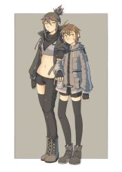 2girls bandaid bandaid_on_cheek bandaid_on_face beer_can black_boots black_gloves black_pants black_thighhighs blush boots breasts brown_hair can cigarette closed_mouth commentary_request crop_top drink_can fingerless_gloves fukana_miyu_(kokuya28) full_body gloves green_eyes grey_background grey_boots grey_jacket grey_shirt hair_ornament highres hood hooded_jacket jacket kokuya_(kokuya28) lace-up_boots looking_at_viewer medium_breasts midriff multiple_girls navel original pants shirt short_hair standing thighhighs two-tone_background white_background x_hair_ornament yellow_eyes