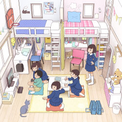 1boy 4girls blue_jacket blue_skirt bra brother_and_sister cat chabudai_(table) curtains desk dressing fixed-point_camera full_body highres indoors jacket kiyo_(kyokyo1220) loft_bed male_underwear multiple_girls ootani_shouhei original panties playing_games pleated_skirt school_uniform shirt siblings sitting skirt standing table television time_lapse underwear white_bra white_male_underwear white_panties white_shirt window