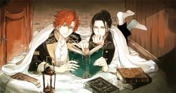 2boys black_jacket black_pants black_vest book brown_eyes closed_mouth collared_jacket collared_shirt commentary_request curtained_hair felix_hugo_fraldarius fingernails fire_emblem fire_emblem:_three_houses frown garreg_mach_monastery_uniform hair_bun hand_on_own_chin head_rest holding holding_book jacket lantern long_sleeves lying male_focus multiple_boys nintendo on_stomach open_book open_clothes open_collar open_jacket orange_eyes pants parted_lips pointing popped_collar reading school_uniform shirt single_hair_bun socks stone_wall sylvain_jose_gautier tsugarot under_covers vest white_shirt white_socks