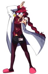 Rule 34 | 1girl, absurdres, blue eyes, braid, cross, cross necklace, glasses, hand up, highres, id card, jewelry, jongk ok, lab coat, long hair, looking at viewer, necklace, okazaki yumemi, pantyhose, red hair, red pantyhose, red shirt, red slippers, redesign, round eyewear, shirt, slippers, solo, touhou, touhou (pc-98), transparent background, very long hair