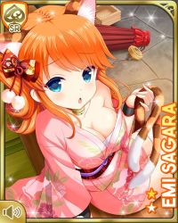 1girl :o animal_ears bell blue_eyes bow breasts card_(medium) cat_ears cat_tail character_name cleavage collar collarbone cosplay fake_animal_ears fake_tail girlfriend_(kari) indoors japanese_clothes kimono large_breasts looking_at_viewer medium_hair official_art open_mouth orange_hair pink_kimono qp:flapper red_bow sagara_emi sarashi sash sitting tagme tail two_side_up wooden_floor traditional_youkai