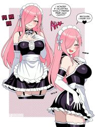 1girl absurdres apron black_dress breasts commentary detached_collar dress elbow_gloves english_commentary english_text frilled_dress frills garter_straps gloves hair_over_one_eye hand_on_own_chest highres large_breasts long_hair maid maid_apron maid_headdress nico-neko original pink_eyes pink_hair short_dress solo speech_bubble thighhighs white_gloves